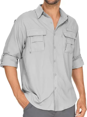 Mens Safari Shirts Long Sleeve UV Protection Hiking Fishing UPF 50  Quick Dry Camping Travel Shirts