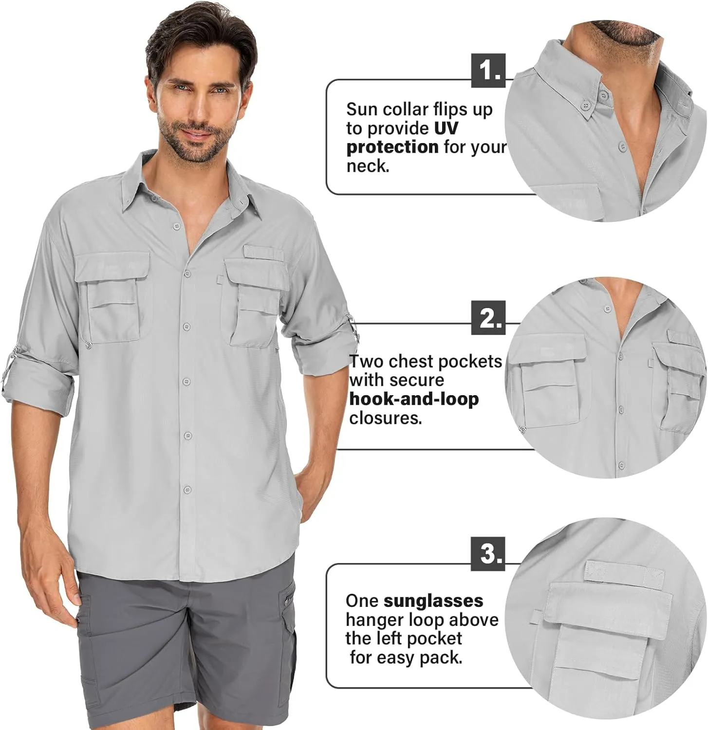 Mens Safari Shirts Long Sleeve UV Protection Hiking Fishing UPF 50  Quick Dry Camping Travel Shirts
