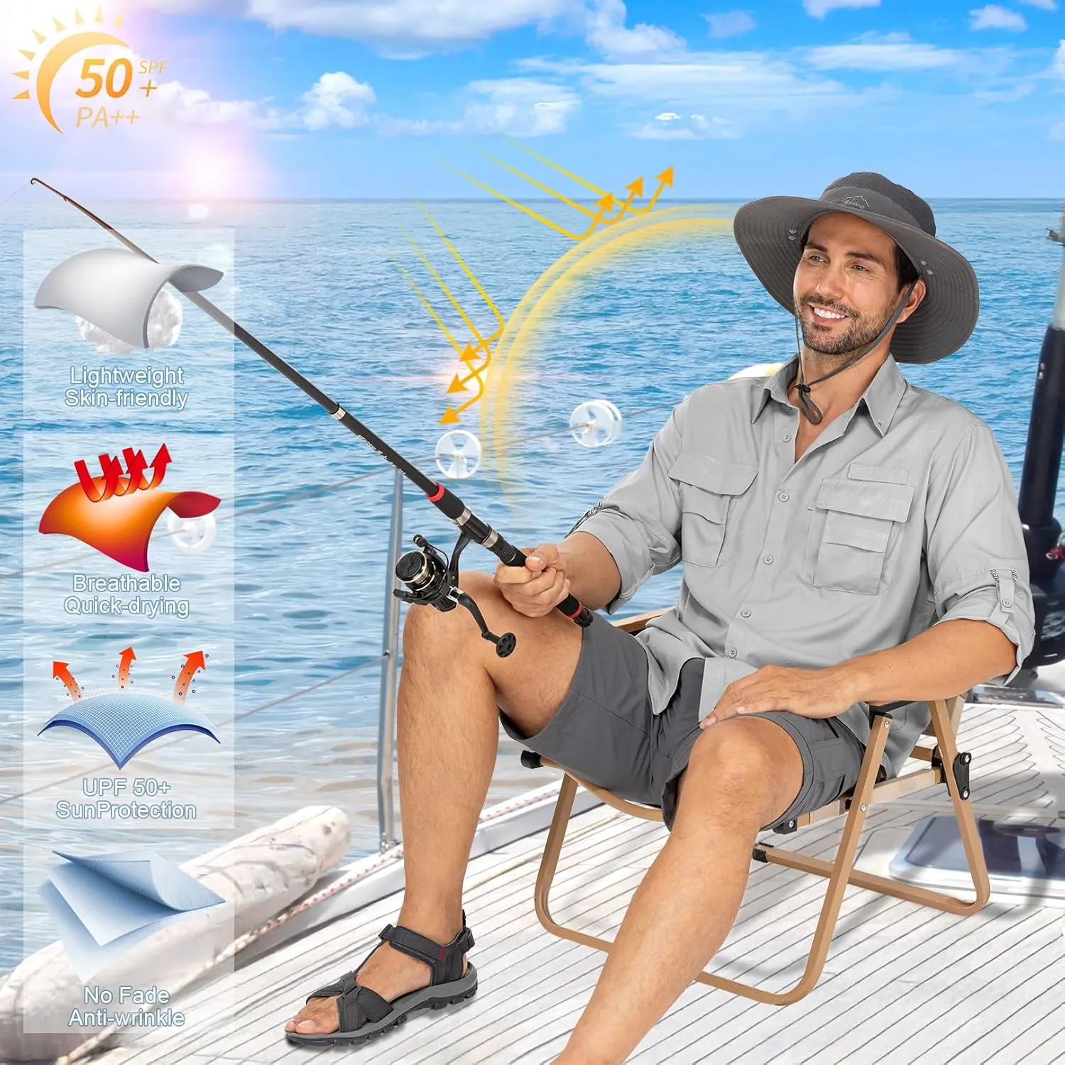 Mens Safari Shirts Long Sleeve UV Protection Hiking Fishing UPF 50  Quick Dry Camping Travel Shirts