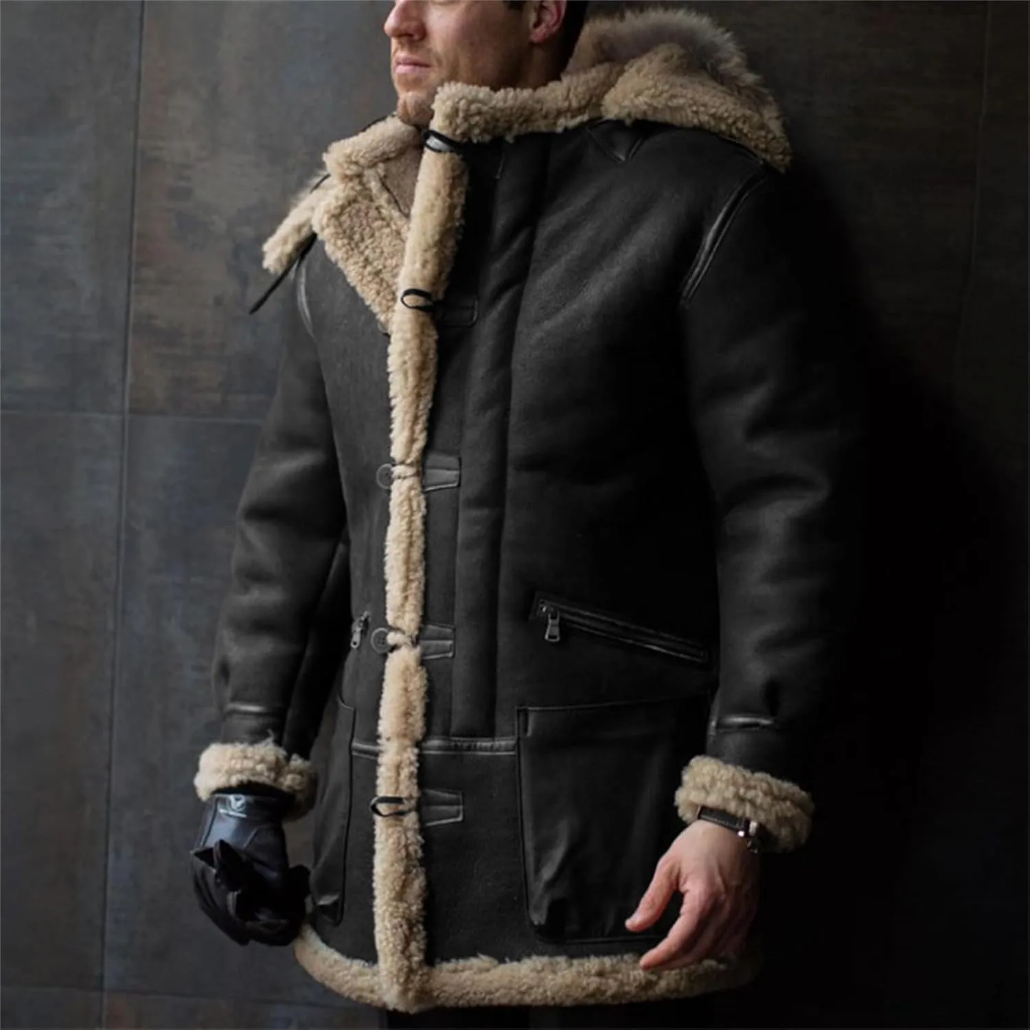 Men's Shearling Leather Coat Suede Sherpa Lined Fleece Sheepskin Pea Coat Jacket Faux Fur Vintage Long Trench Coat