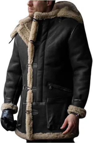 Men's Shearling Leather Coat Suede Sherpa Lined Fleece Sheepskin Pea Coat Jacket Faux Fur Vintage Long Trench Coat