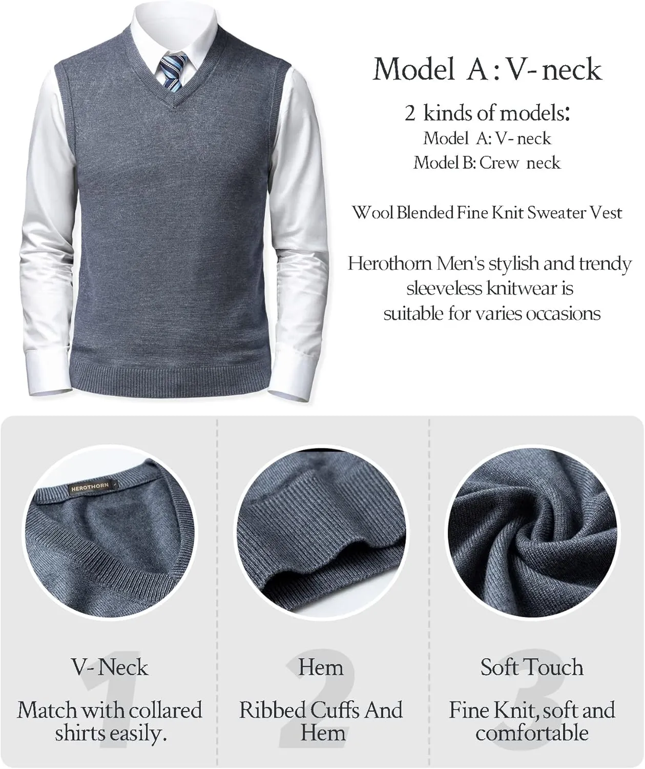 Mens Soft V Neck Crew Neck Knitted Sweater Vest Solid Sleeveless Pullover Slim Fit Plain Color for Dad Husband