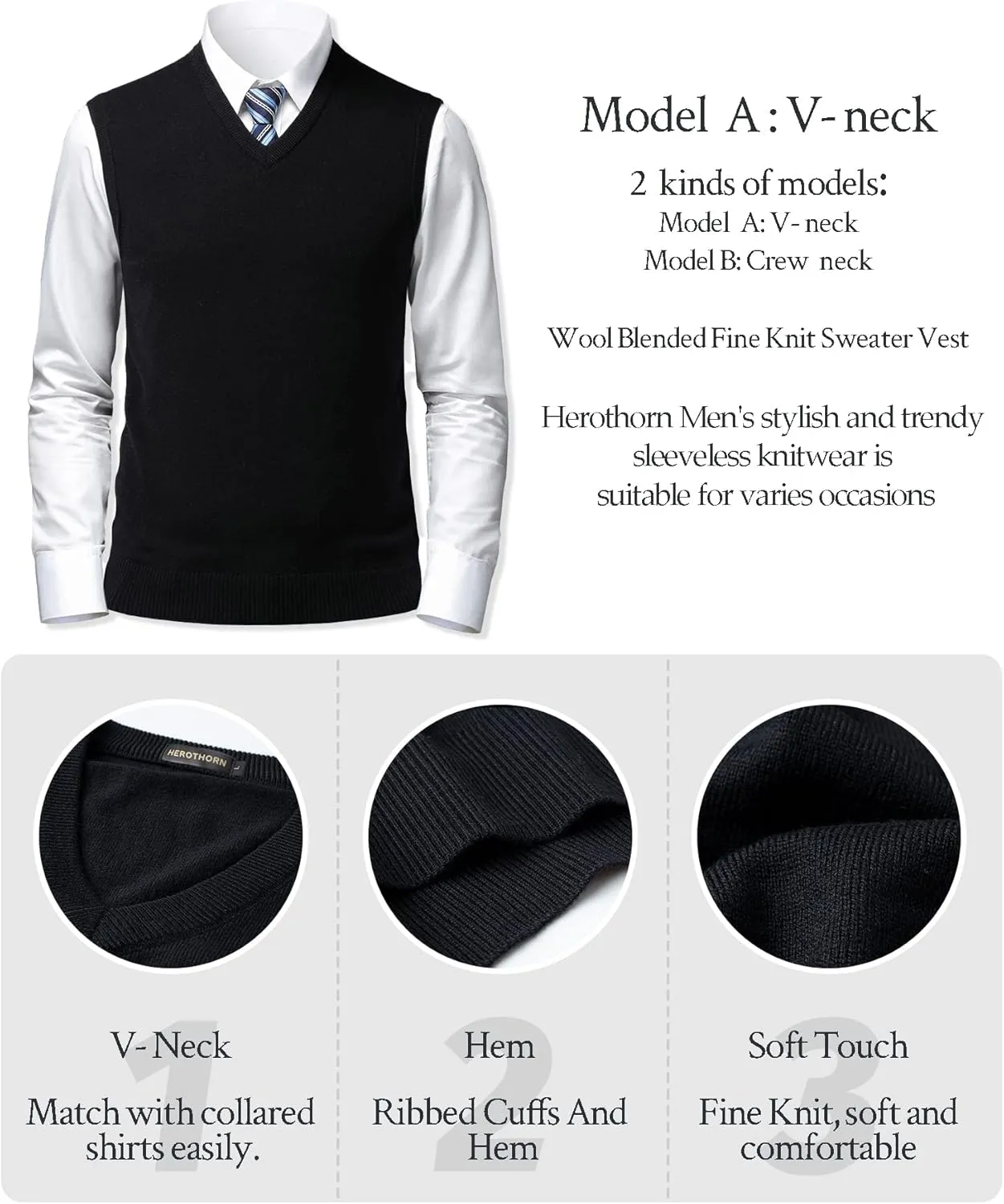 Mens Soft V Neck Crew Neck Knitted Sweater Vest Solid Sleeveless Pullover Slim Fit Plain Color for Dad Husband