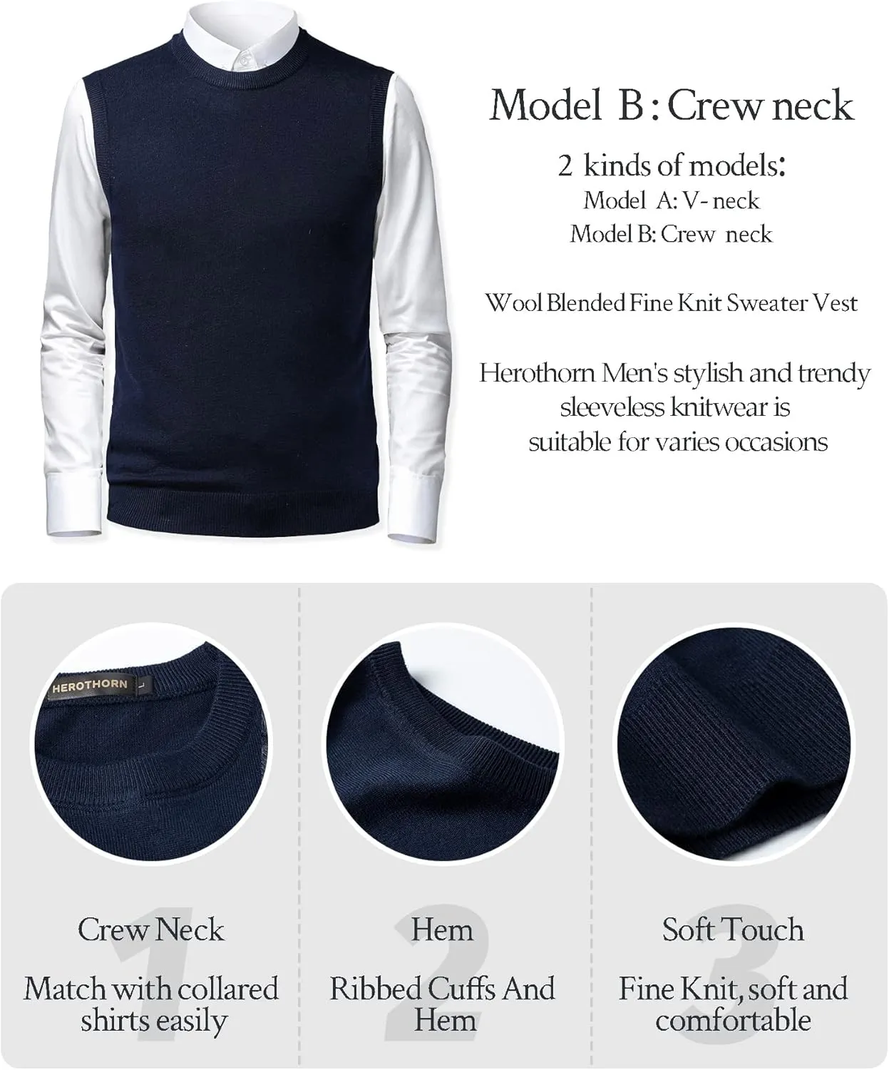 Mens Soft V Neck Crew Neck Knitted Sweater Vest Solid Sleeveless Pullover Slim Fit Plain Color for Dad Husband