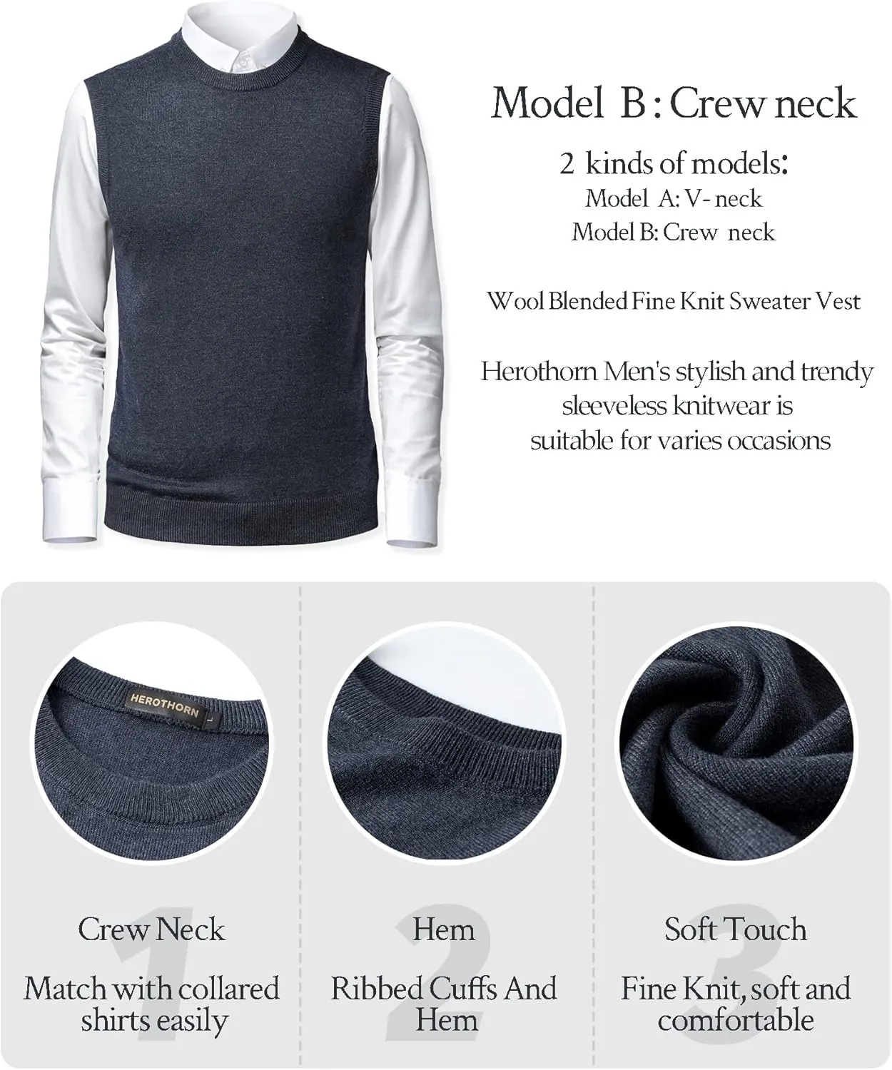 Mens Soft V Neck Crew Neck Knitted Sweater Vest Solid Sleeveless Pullover Slim Fit Plain Color for Dad Husband