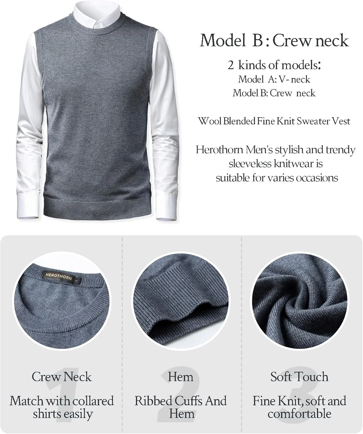 Mens Soft V Neck Crew Neck Knitted Sweater Vest Solid Sleeveless Pullover Slim Fit Plain Color for Dad Husband