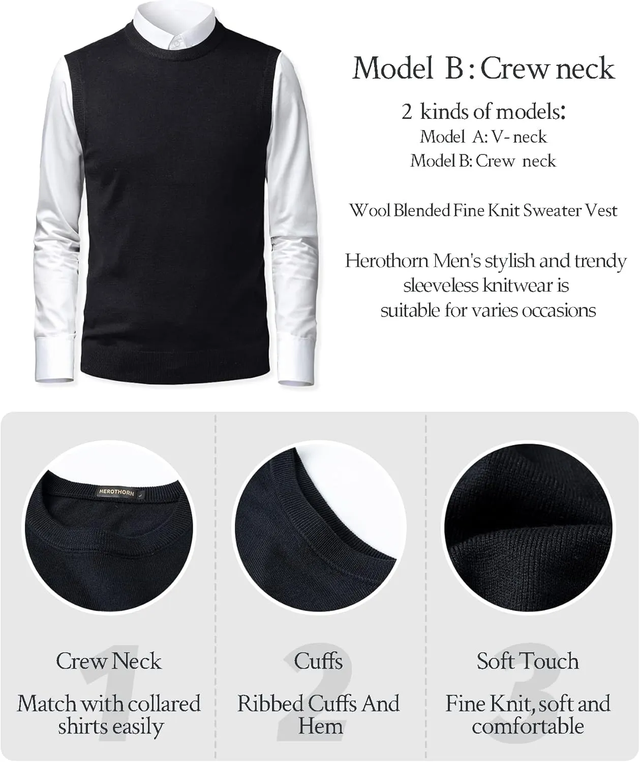 Mens Soft V Neck Crew Neck Knitted Sweater Vest Solid Sleeveless Pullover Slim Fit Plain Color for Dad Husband
