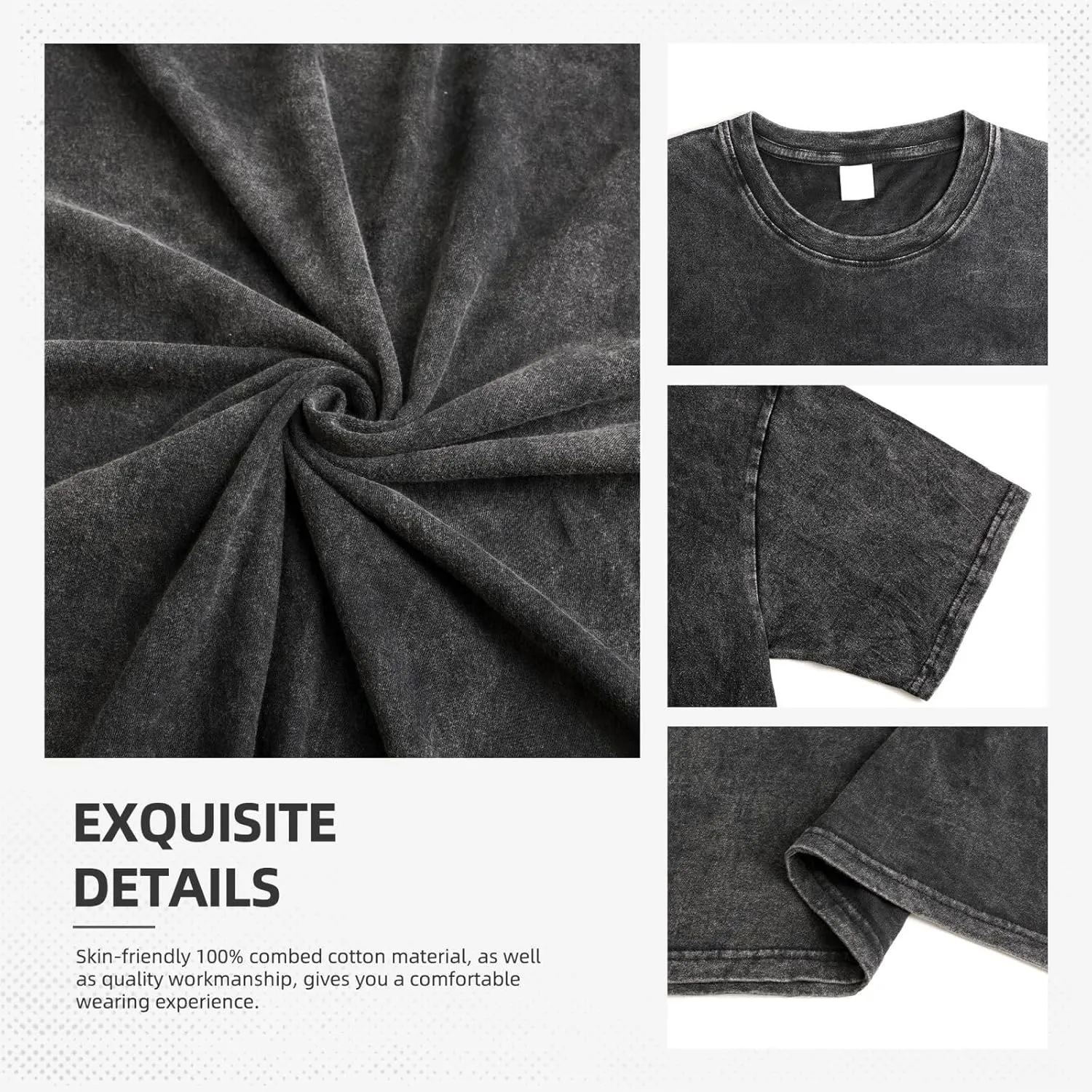Mens Vintage Oversized Drop Shoulder Novelty T-Shirts Loose Wash Solid Tee Tops