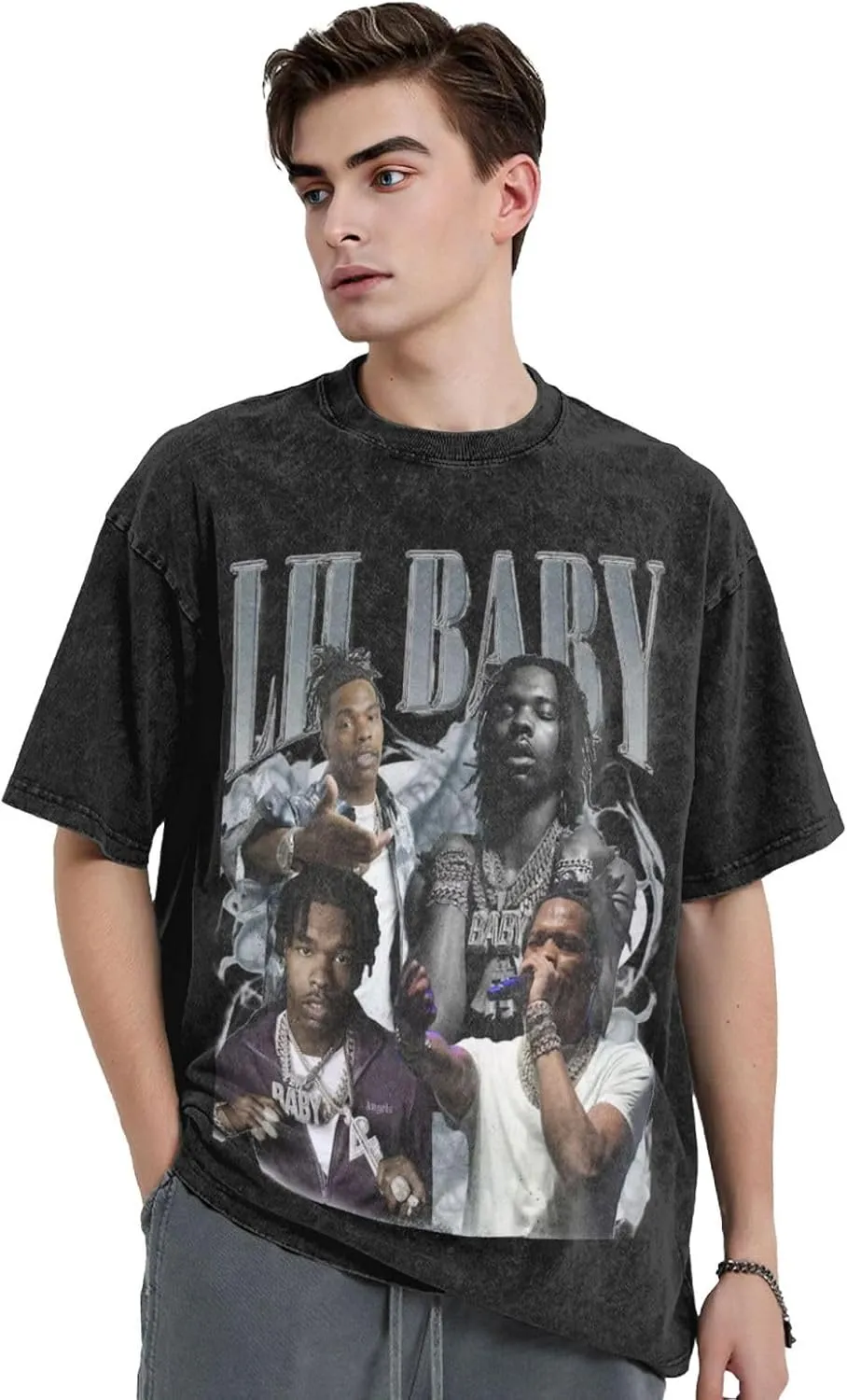 Mens Vintage Oversized Drop Shoulder Novelty T-Shirts Loose Wash Solid Tee Tops