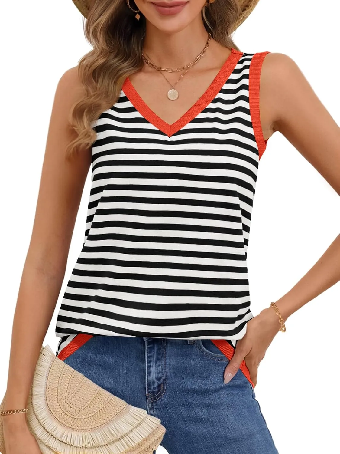 MEROKEETY Women's 2025 Summer Spring Sleeveless Tank Trendy Casual V Neck Loose Basic Striped T Shirt Tops