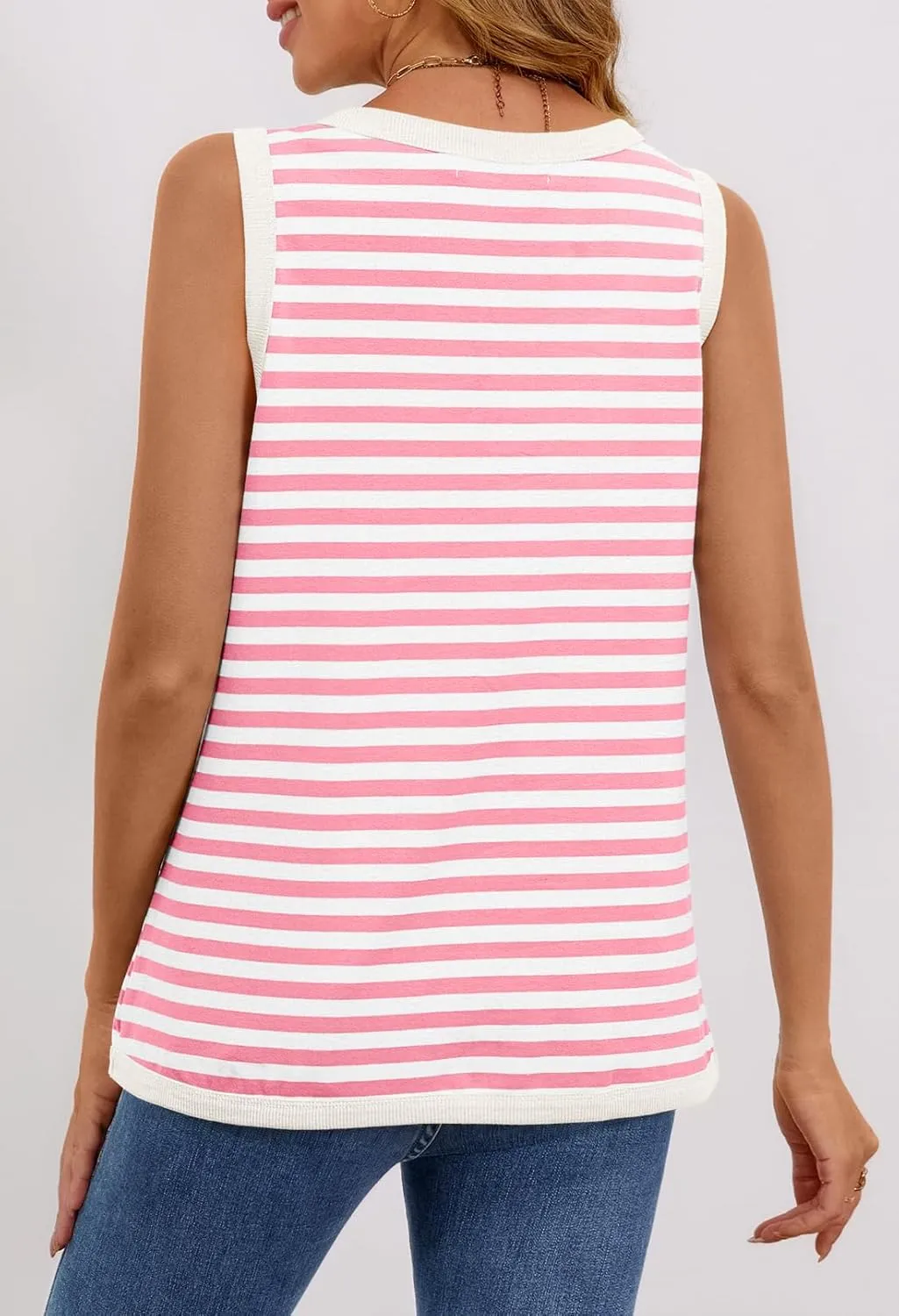 MEROKEETY Women's 2025 Summer Spring Sleeveless Tank Trendy Casual V Neck Loose Basic Striped T Shirt Tops