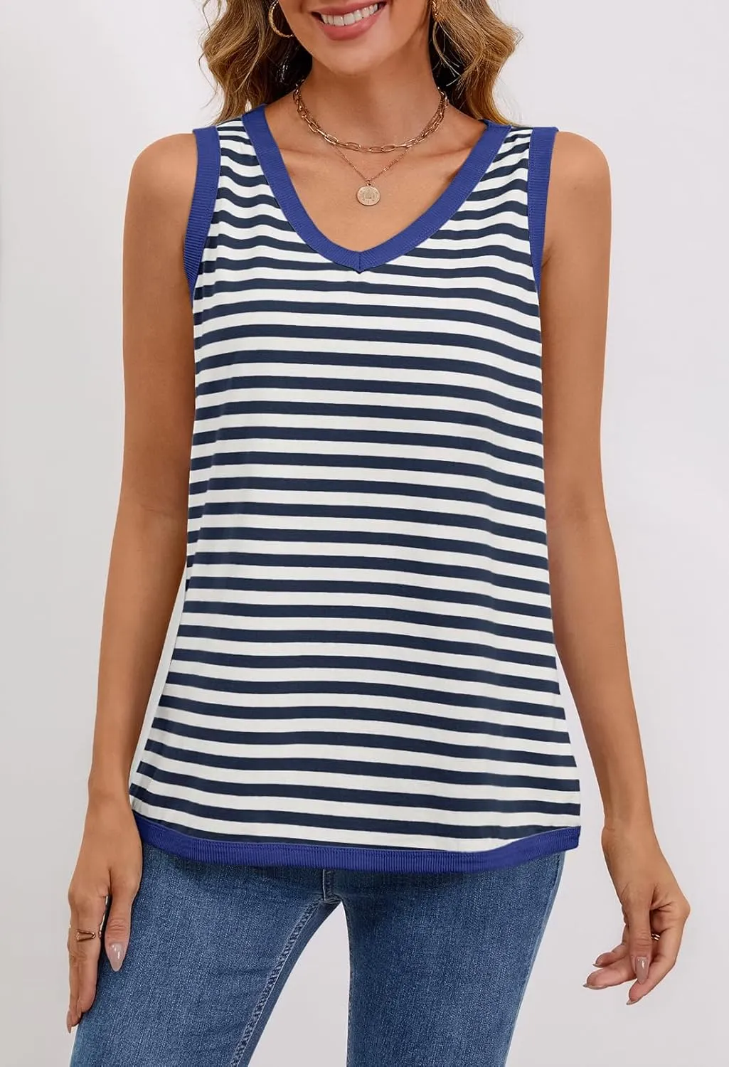 MEROKEETY Women's 2025 Summer Spring Sleeveless Tank Trendy Casual V Neck Loose Basic Striped T Shirt Tops