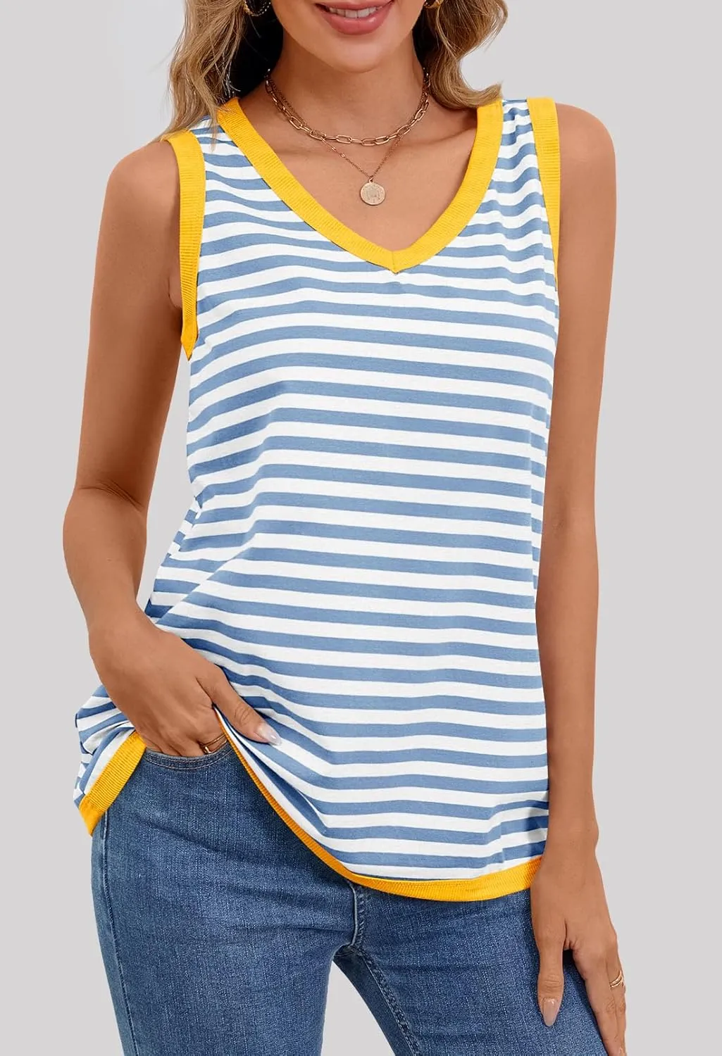 MEROKEETY Women's 2025 Summer Spring Sleeveless Tank Trendy Casual V Neck Loose Basic Striped T Shirt Tops