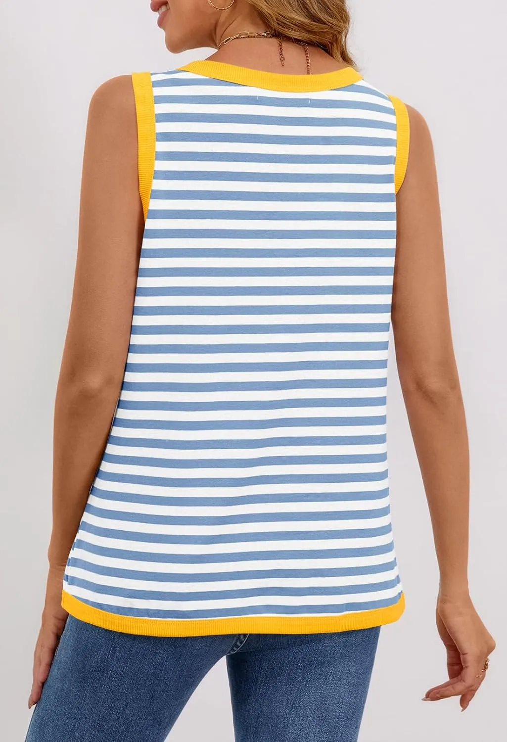 MEROKEETY Women's 2025 Summer Spring Sleeveless Tank Trendy Casual V Neck Loose Basic Striped T Shirt Tops