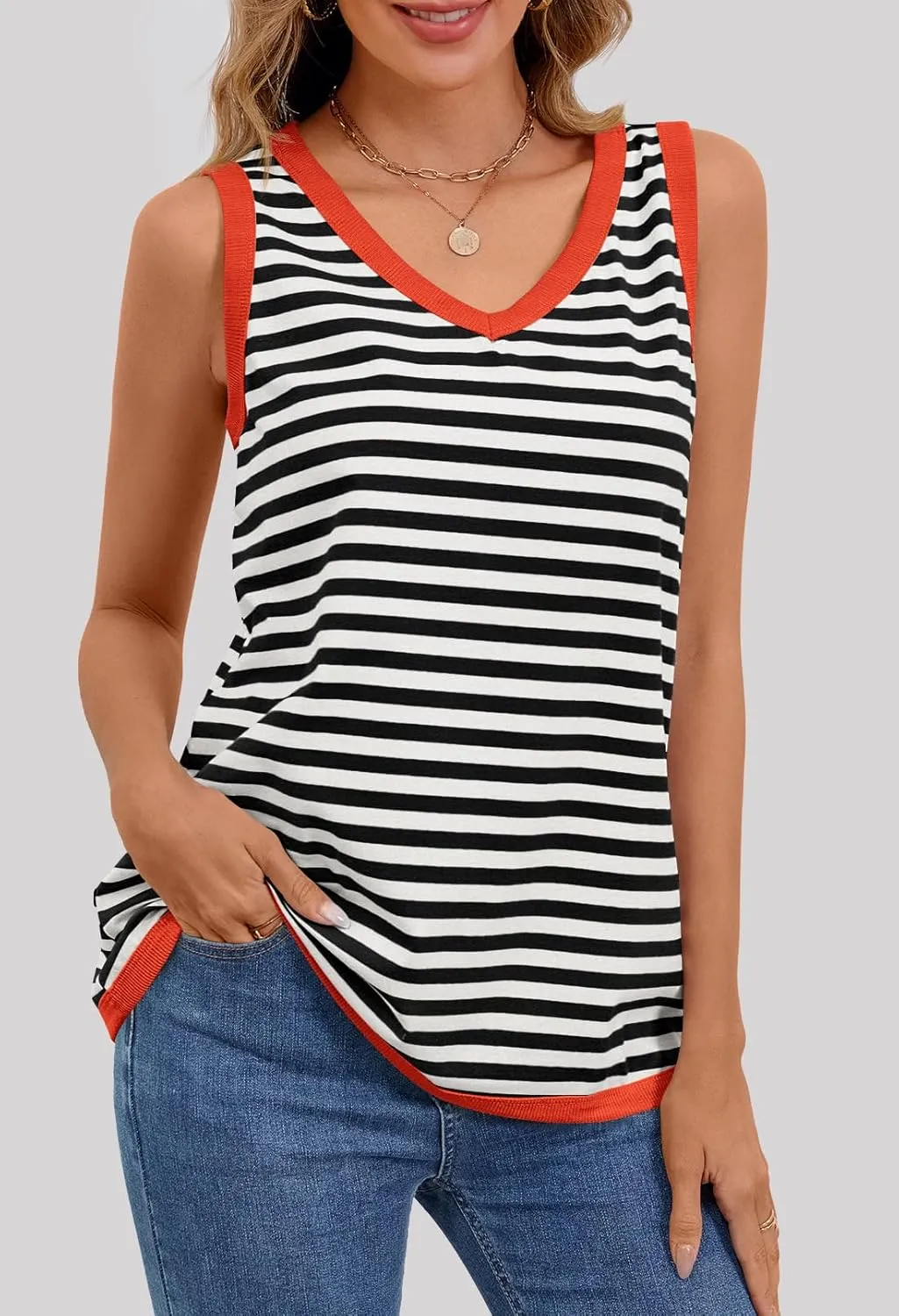 MEROKEETY Women's 2025 Summer Spring Sleeveless Tank Trendy Casual V Neck Loose Basic Striped T Shirt Tops