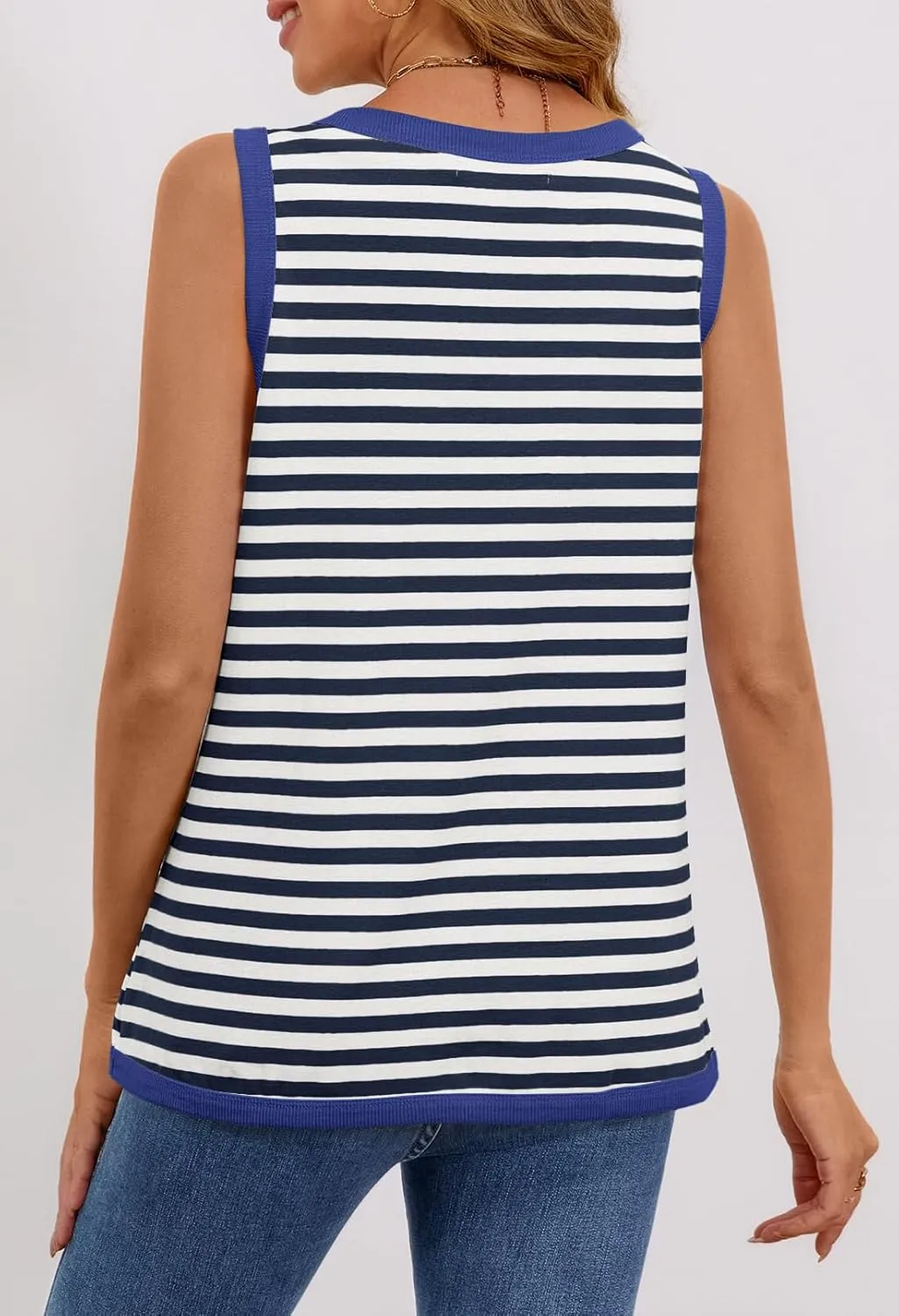 MEROKEETY Women's 2025 Summer Spring Sleeveless Tank Trendy Casual V Neck Loose Basic Striped T Shirt Tops