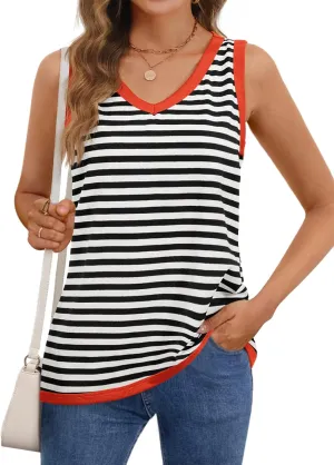 MEROKEETY Women's 2025 Summer Spring Sleeveless Tank Trendy Casual V Neck Loose Basic Striped T Shirt Tops