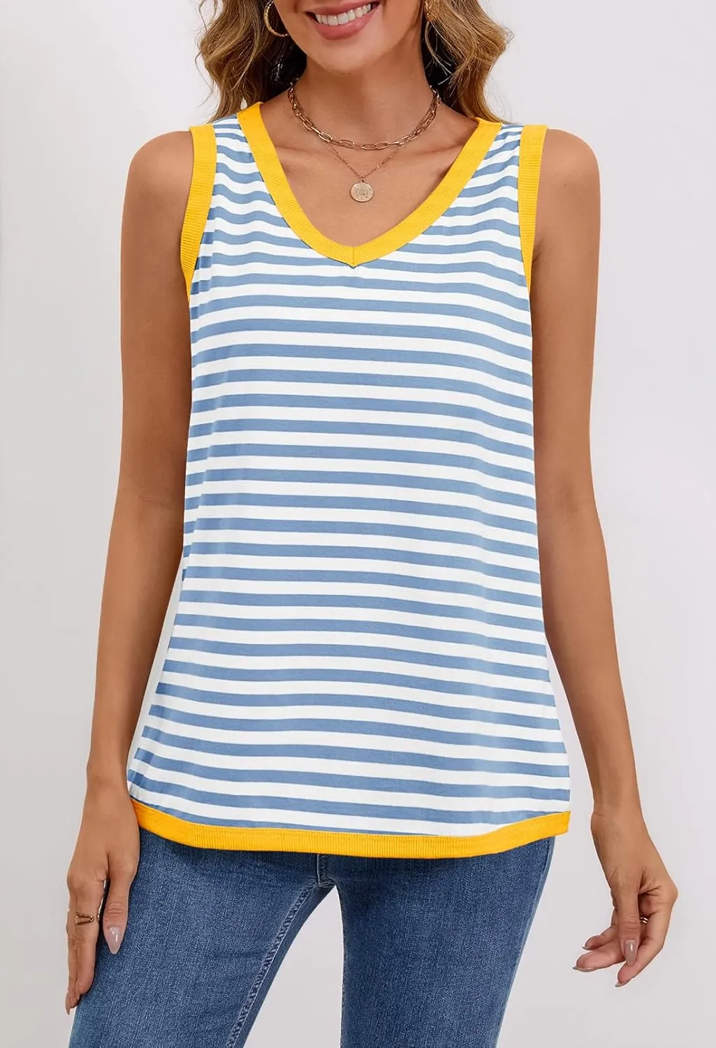 MEROKEETY Women's 2025 Summer Spring Sleeveless Tank Trendy Casual V Neck Loose Basic Striped T Shirt Tops