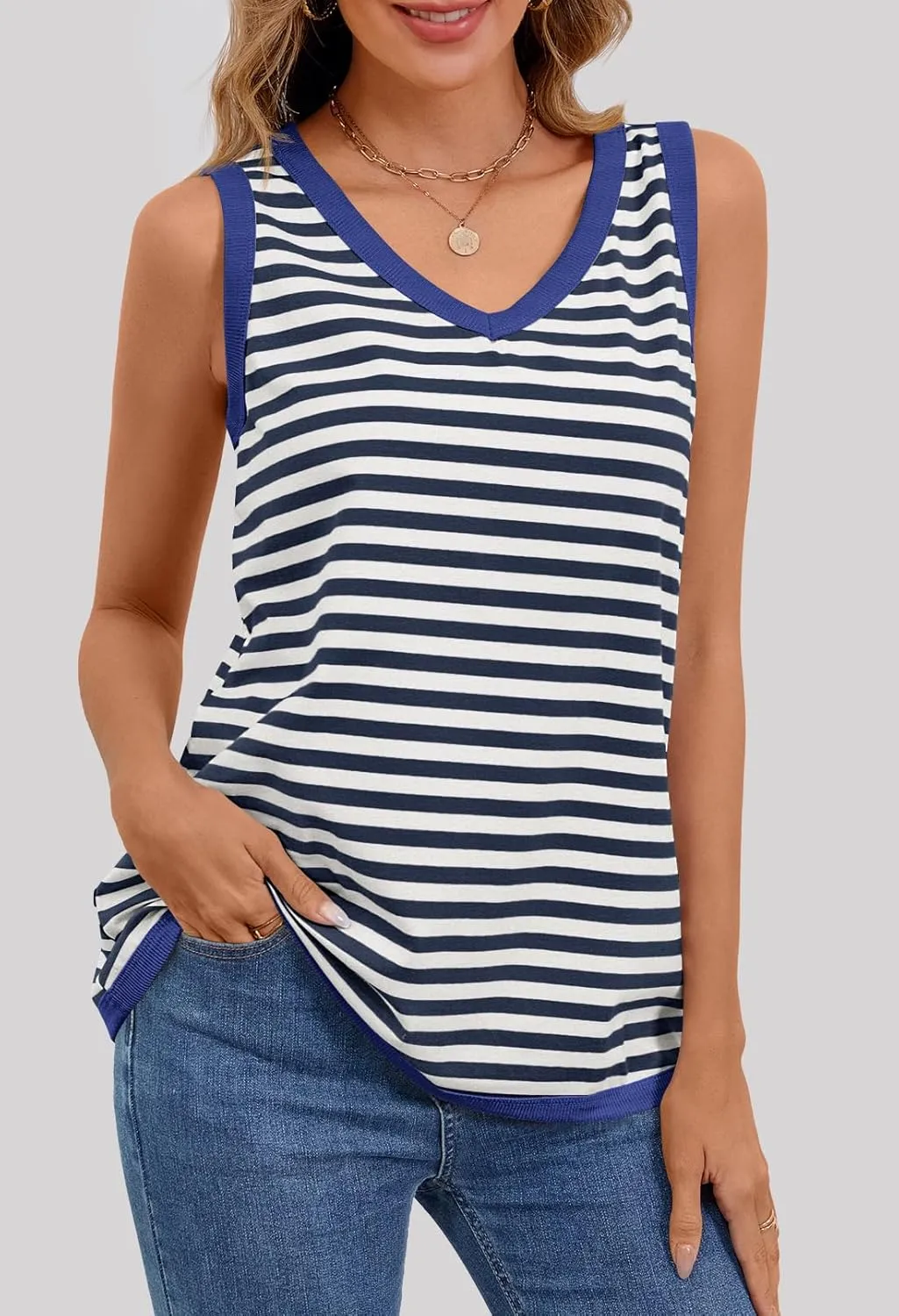 MEROKEETY Women's 2025 Summer Spring Sleeveless Tank Trendy Casual V Neck Loose Basic Striped T Shirt Tops