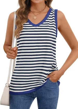 MEROKEETY Women's 2025 Summer Spring Sleeveless Tank Trendy Casual V Neck Loose Basic Striped T Shirt Tops