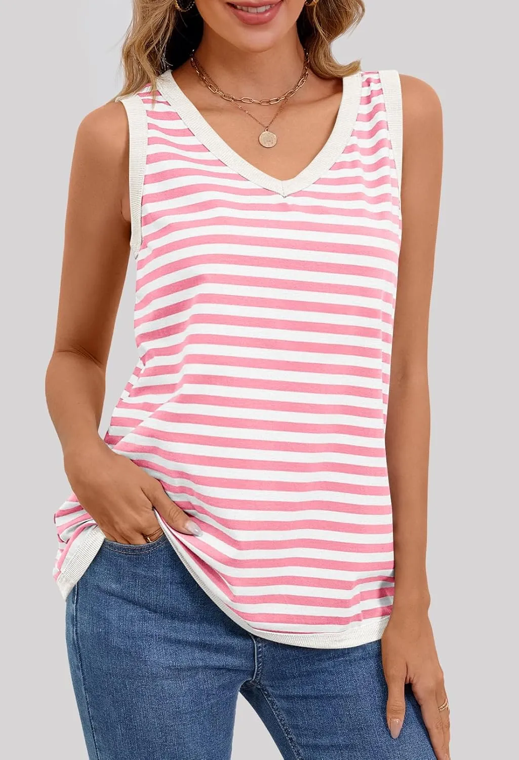 MEROKEETY Women's 2025 Summer Spring Sleeveless Tank Trendy Casual V Neck Loose Basic Striped T Shirt Tops
