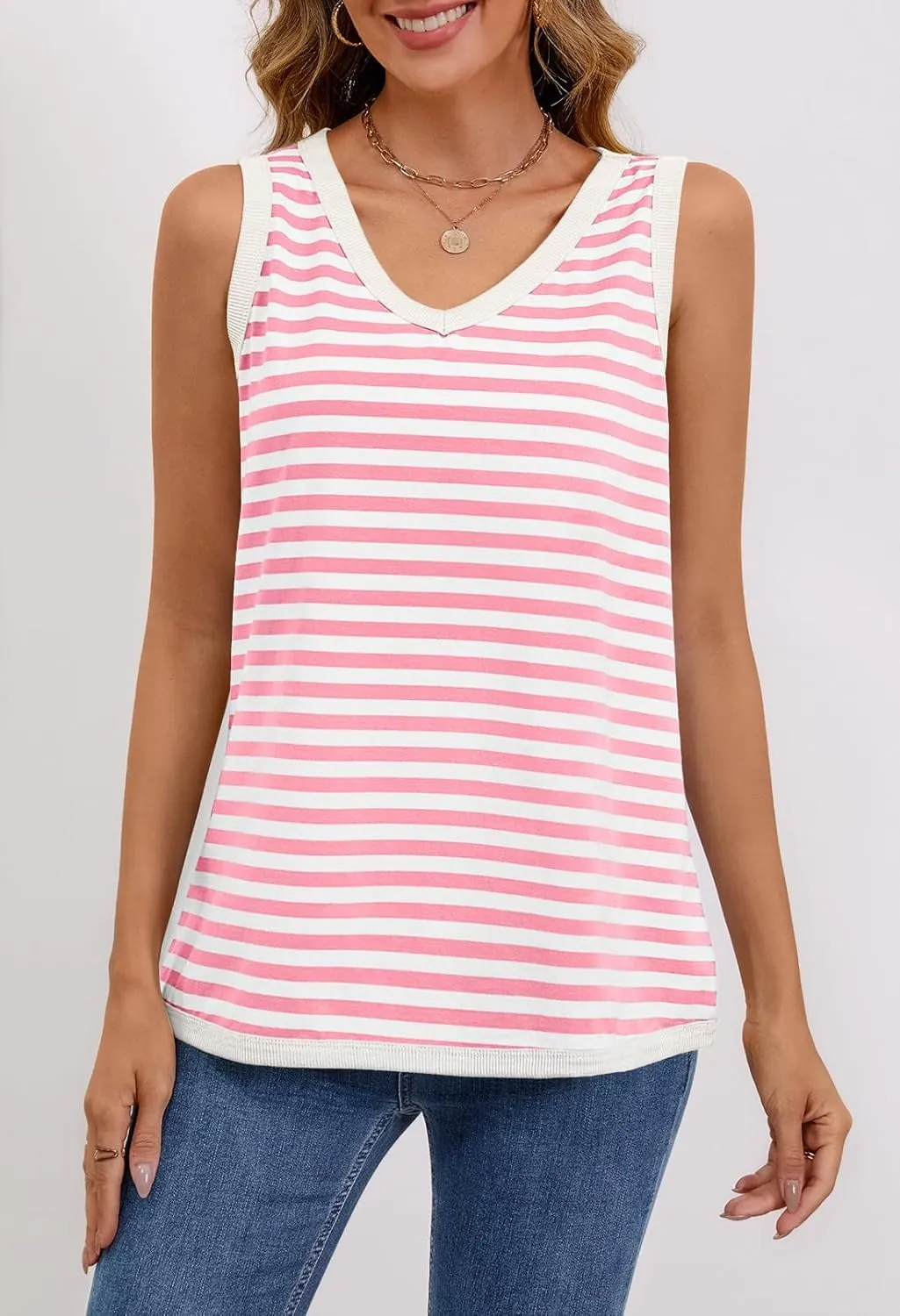 MEROKEETY Women's 2025 Summer Spring Sleeveless Tank Trendy Casual V Neck Loose Basic Striped T Shirt Tops