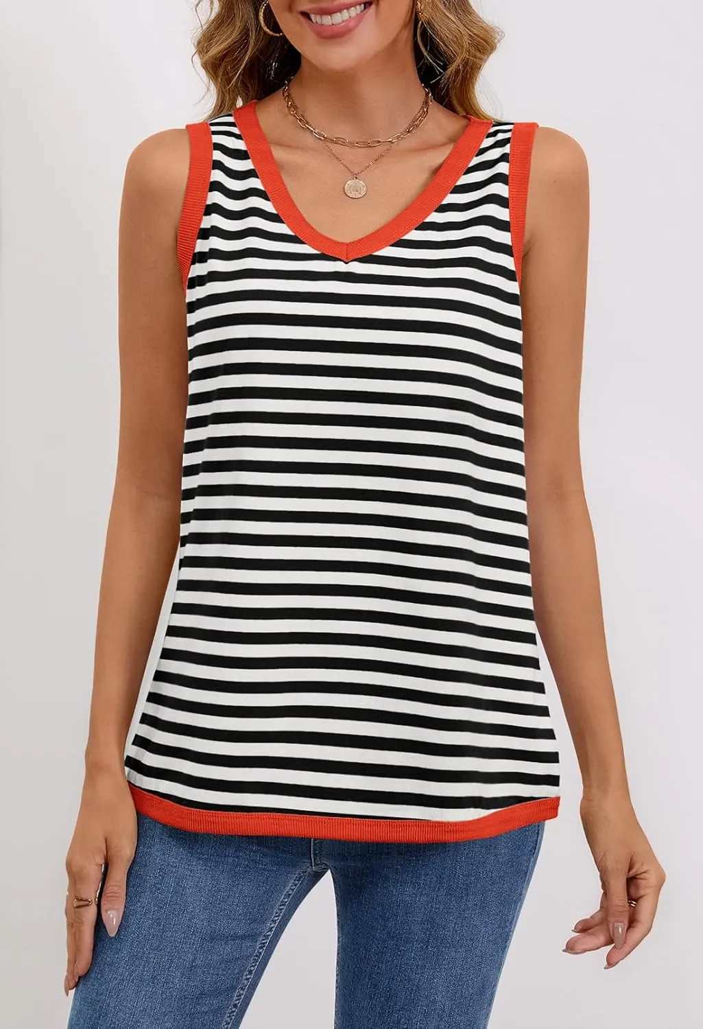 MEROKEETY Women's 2025 Summer Spring Sleeveless Tank Trendy Casual V Neck Loose Basic Striped T Shirt Tops