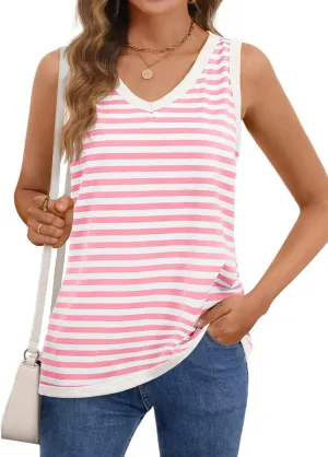MEROKEETY Women's 2025 Summer Spring Sleeveless Tank Trendy Casual V Neck Loose Basic Striped T Shirt Tops