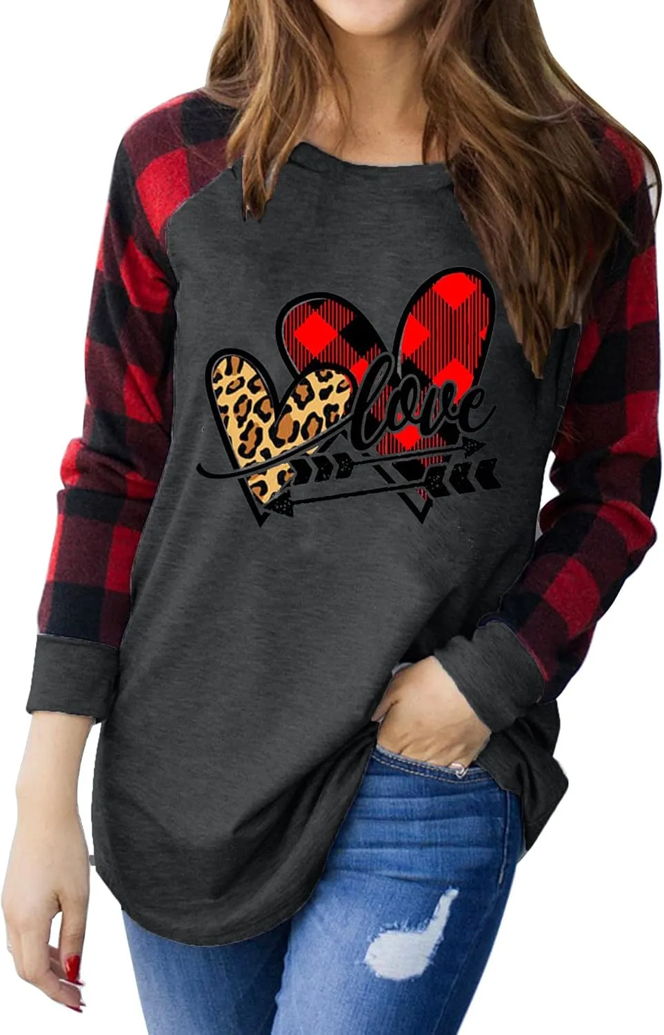 MHTOR Valentines Shirts Women Buffalo Plaid Love Heart Graphic Tees Letter Print Long Sleeve Tops Shirts