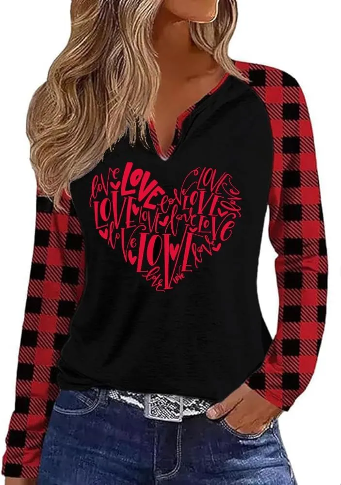 MHTOR Valentines Shirts Women Buffalo Plaid Love Heart Graphic Tees Letter Print Long Sleeve Tops Shirts