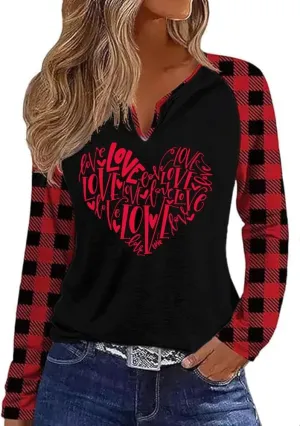 MHTOR Valentines Shirts Women Buffalo Plaid Love Heart Graphic Tees Letter Print Long Sleeve Tops Shirts