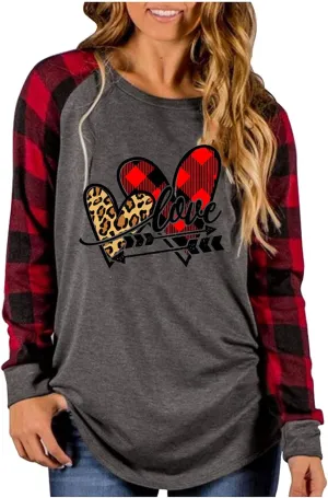 MHTOR Valentines Shirts Women Buffalo Plaid Love Heart Graphic Tees Letter Print Long Sleeve Tops Shirts