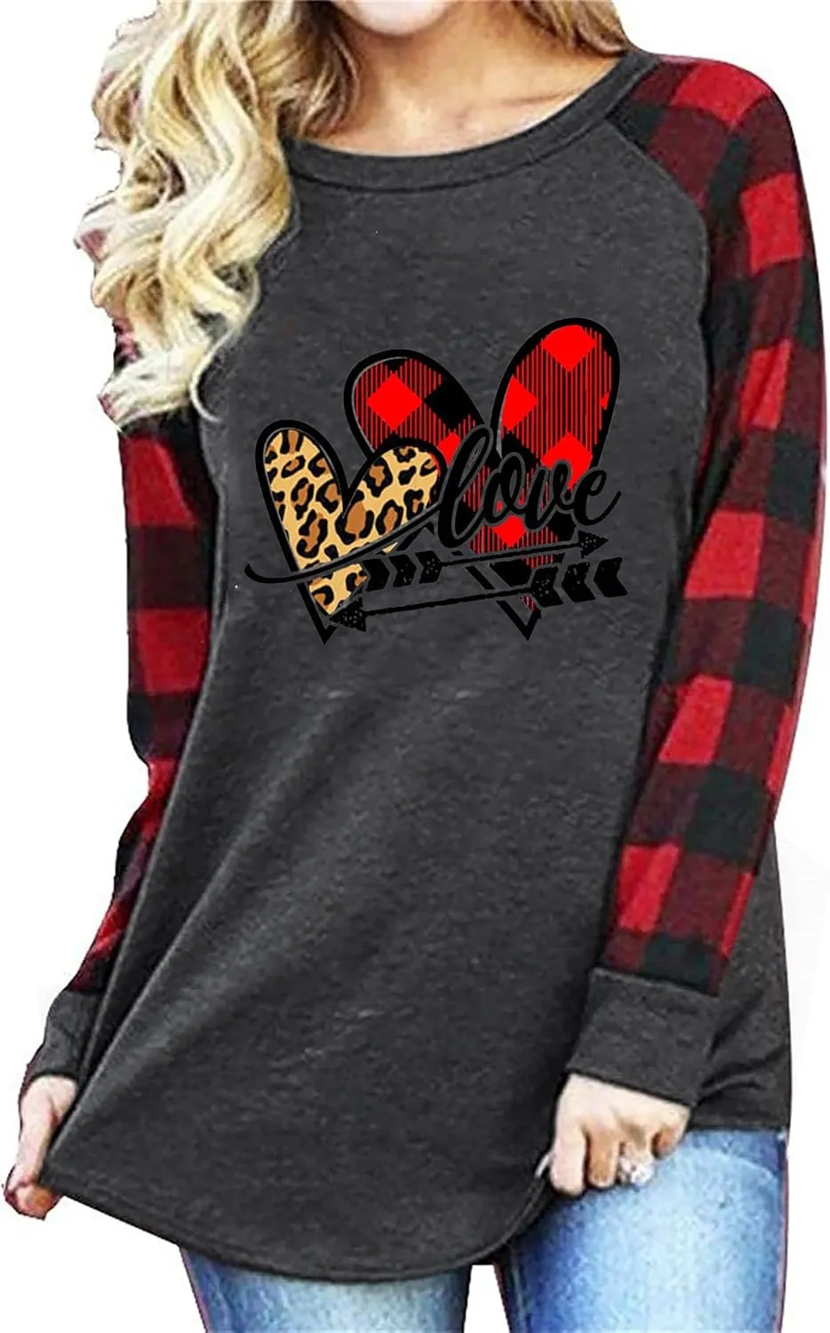 MHTOR Valentines Shirts Women Buffalo Plaid Love Heart Graphic Tees Letter Print Long Sleeve Tops Shirts