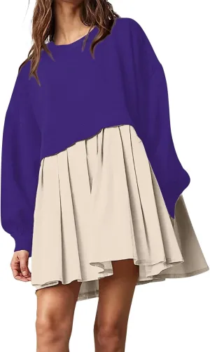 midelxp Womens Oversized Sweatshirt Dress Crewneck Patchwork Preppy Clothes Fall Long Sleeve Pullover Pleated Hem Mini Dress