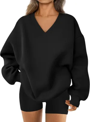 midelxp Womens Oversized V Neck Sweatshirt Trendy Casual Winter Fleece Pullover Sweaters Cute Preppy Long Sleeve Sweat Shirts