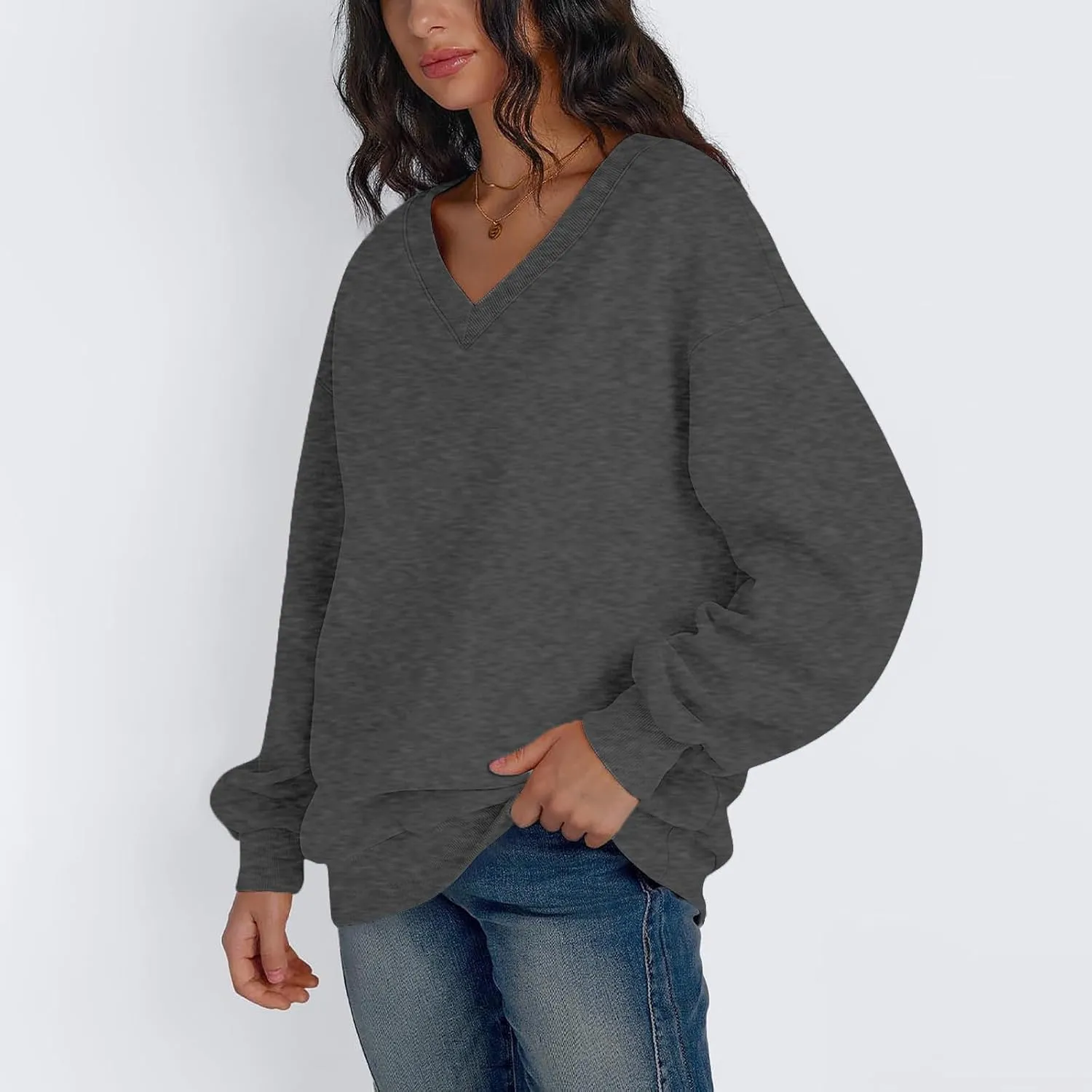 midelxp Womens Oversized V Neck Sweatshirt Trendy Casual Winter Fleece Pullover Sweaters Cute Preppy Long Sleeve Sweat Shirts