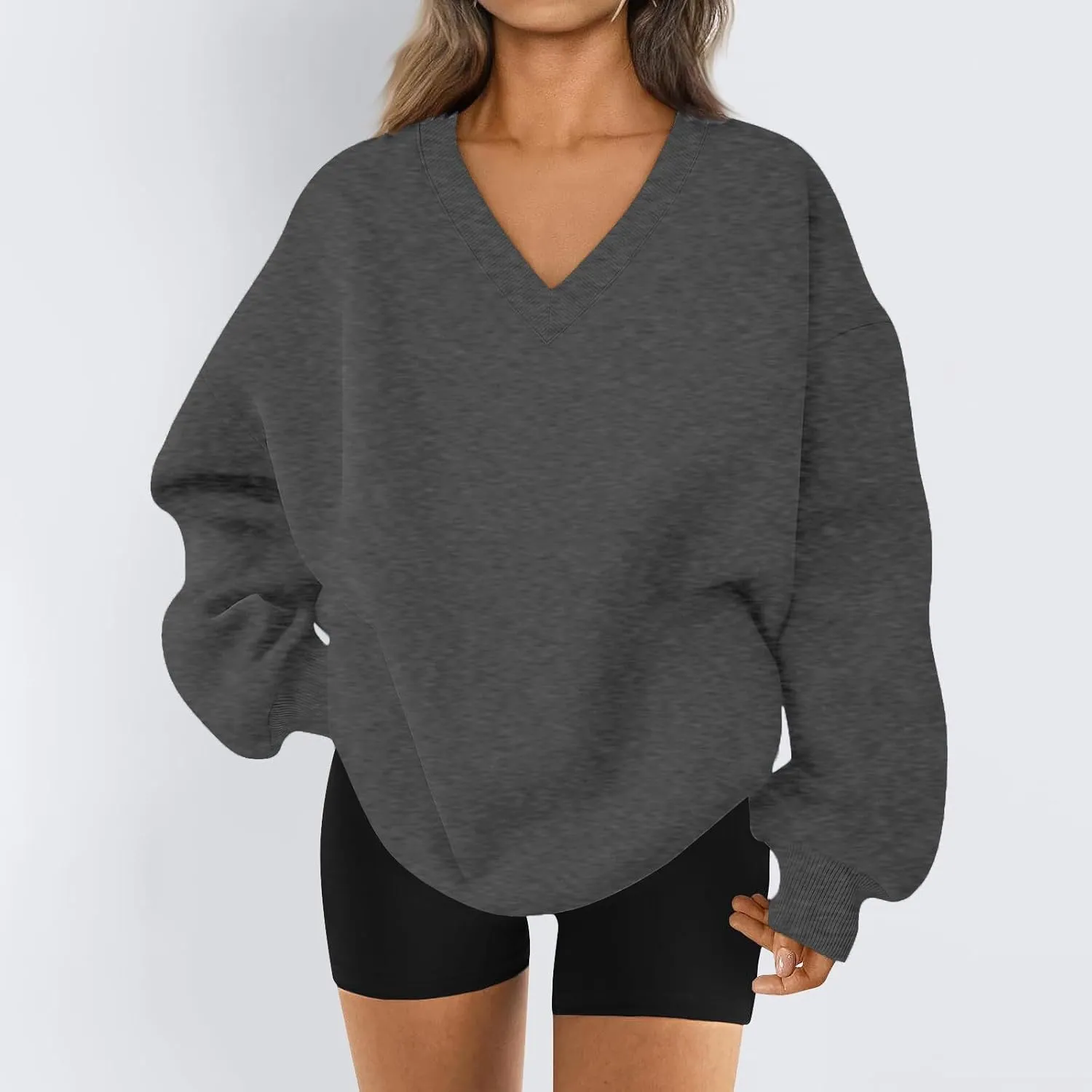 midelxp Womens Oversized V Neck Sweatshirt Trendy Casual Winter Fleece Pullover Sweaters Cute Preppy Long Sleeve Sweat Shirts