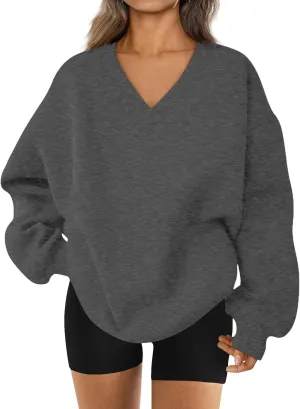 midelxp Womens Oversized V Neck Sweatshirt Trendy Casual Winter Fleece Pullover Sweaters Cute Preppy Long Sleeve Sweat Shirts