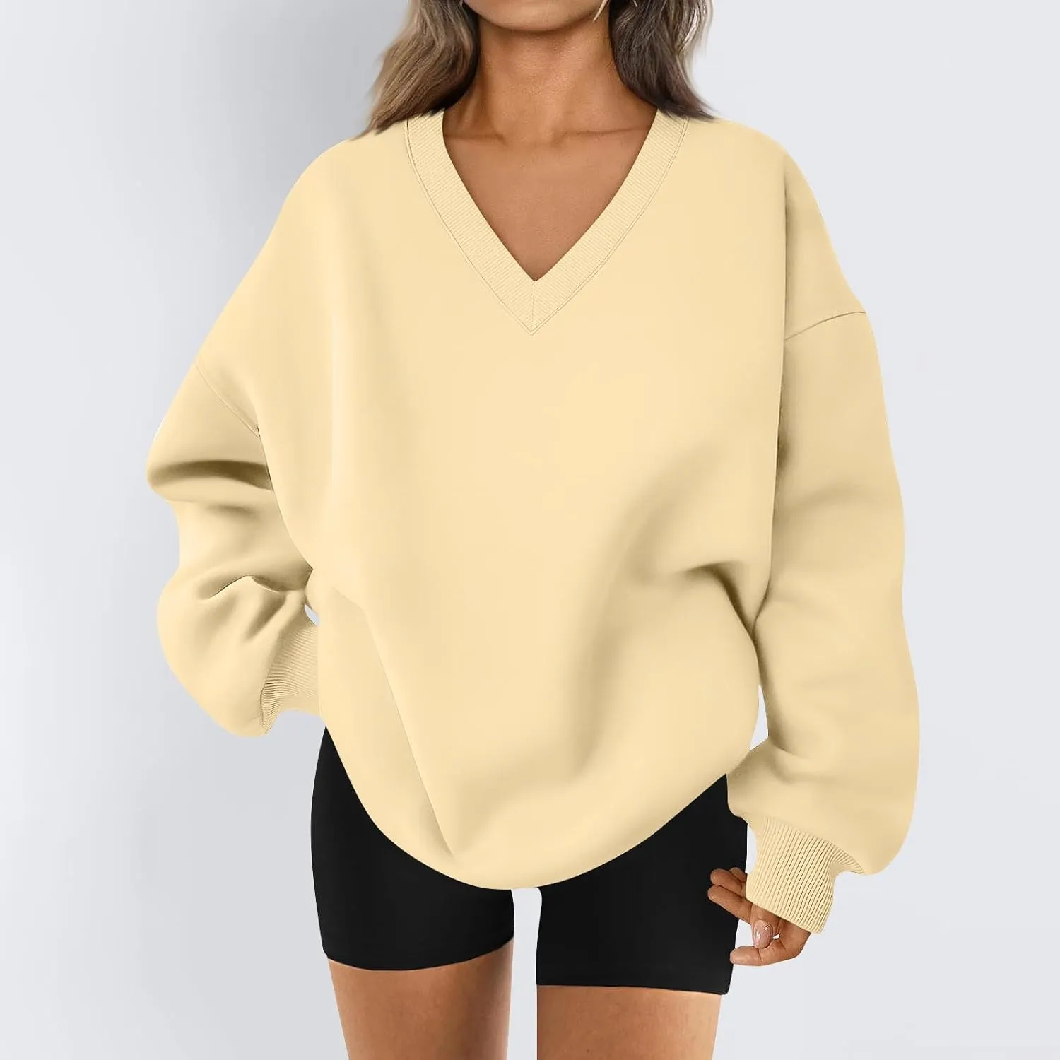 midelxp Womens Oversized V Neck Sweatshirt Trendy Casual Winter Fleece Pullover Sweaters Cute Preppy Long Sleeve Sweat Shirts