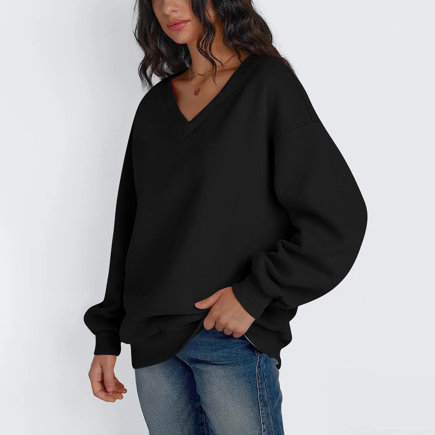 midelxp Womens Oversized V Neck Sweatshirt Trendy Casual Winter Fleece Pullover Sweaters Cute Preppy Long Sleeve Sweat Shirts