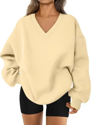 midelxp Womens Oversized V Neck Sweatshirt Trendy Casual Winter Fleece Pullover Sweaters Cute Preppy Long Sleeve Sweat Shirts