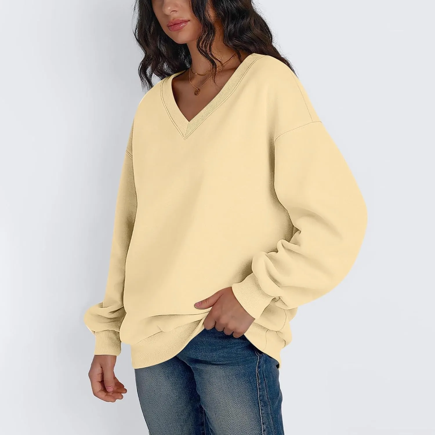 midelxp Womens Oversized V Neck Sweatshirt Trendy Casual Winter Fleece Pullover Sweaters Cute Preppy Long Sleeve Sweat Shirts