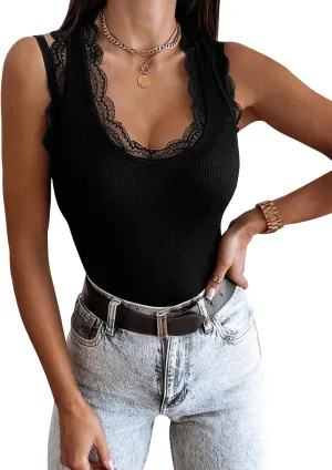 miduo Womens Slim Fit Scoop Neck Lace Trim Ribbed Knit Tanks Tops Sleeveless Blouses Shirts Tops