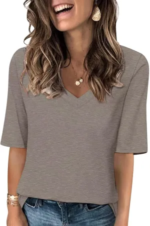 Minetom Women's V Neck T Shirts Casual Half Sleeve Tops Basic Summer Tees