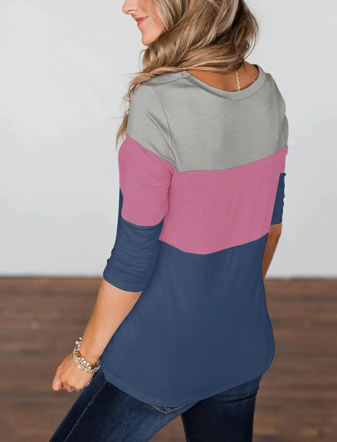 Minthunter Women's Half Sleeve T Shirts Casual Color Block Round Neck Spring Tops