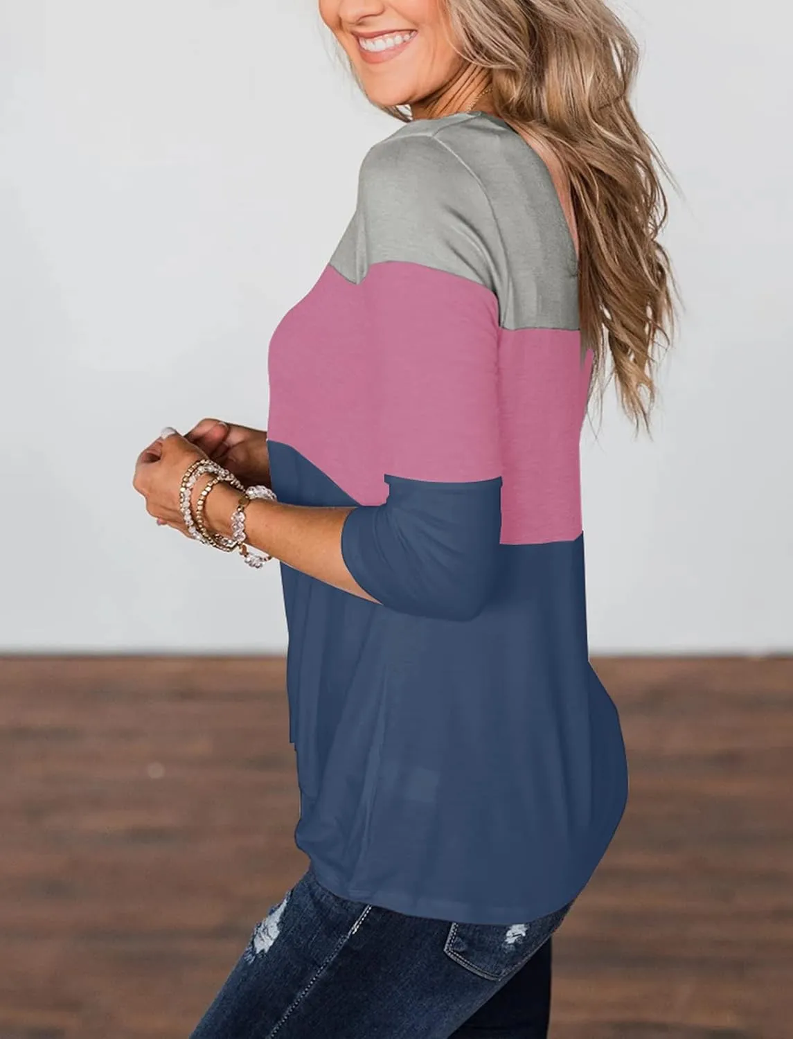 Minthunter Women's Half Sleeve T Shirts Casual Color Block Round Neck Spring Tops