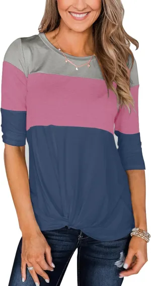 Minthunter Women's Half Sleeve T Shirts Casual Color Block Round Neck Spring Tops