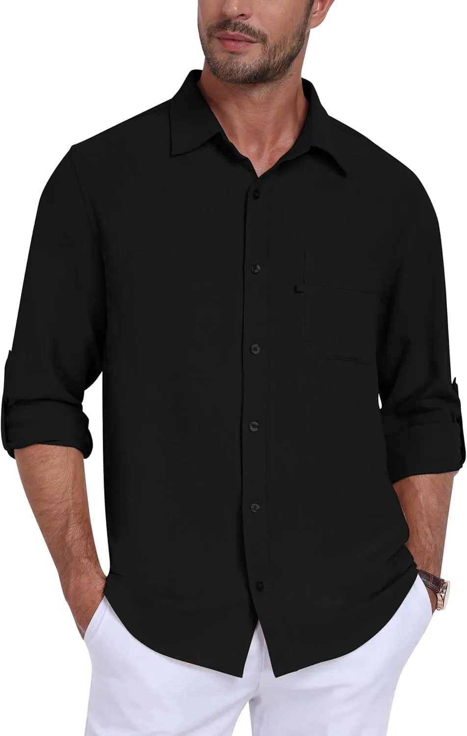 MoFiz Mens Button Down Shirts Long Sleeve Casual Linen Shirts with Pockets Beach Vacation Spring Shrits