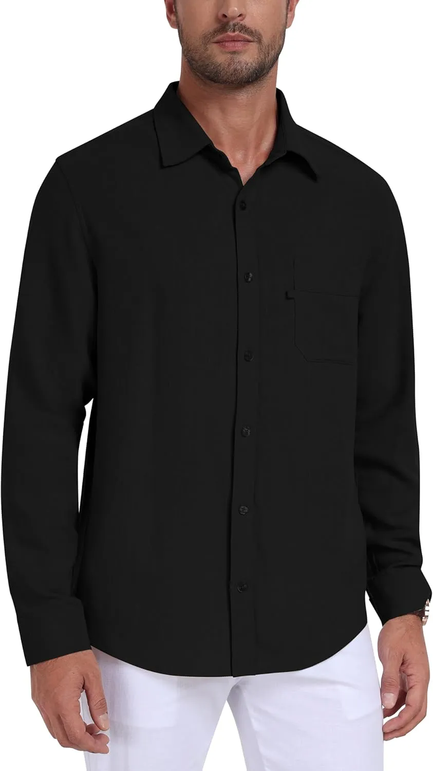 MoFiz Mens Button Down Shirts Long Sleeve Casual Linen Shirts with Pockets Beach Vacation Spring Shrits