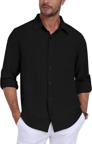 MoFiz Mens Button Down Shirts Long Sleeve Casual Linen Shirts with Pockets Beach Vacation Spring Shrits